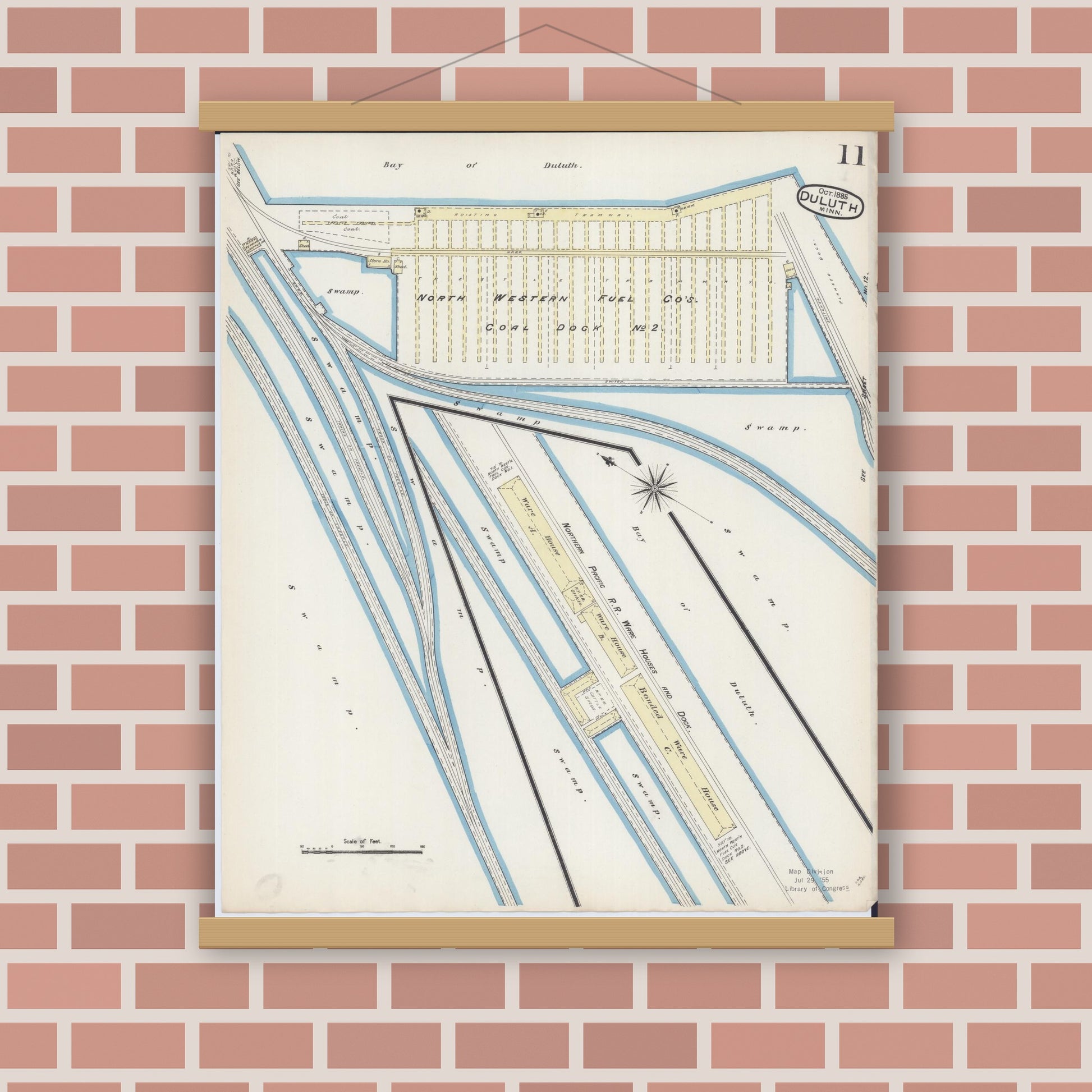 Old map wall art mockup — magnetic wood frame on brick wall — Sanborn Fire Insurance Map from Duluth, Saint Louis County, Minnesota (1885), Sheet #0011