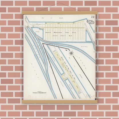 Old map wall art mockup — magnetic wood frame on brick wall — Sanborn Fire Insurance Map from Duluth, Saint Louis County, Minnesota (1885), Sheet #0011
