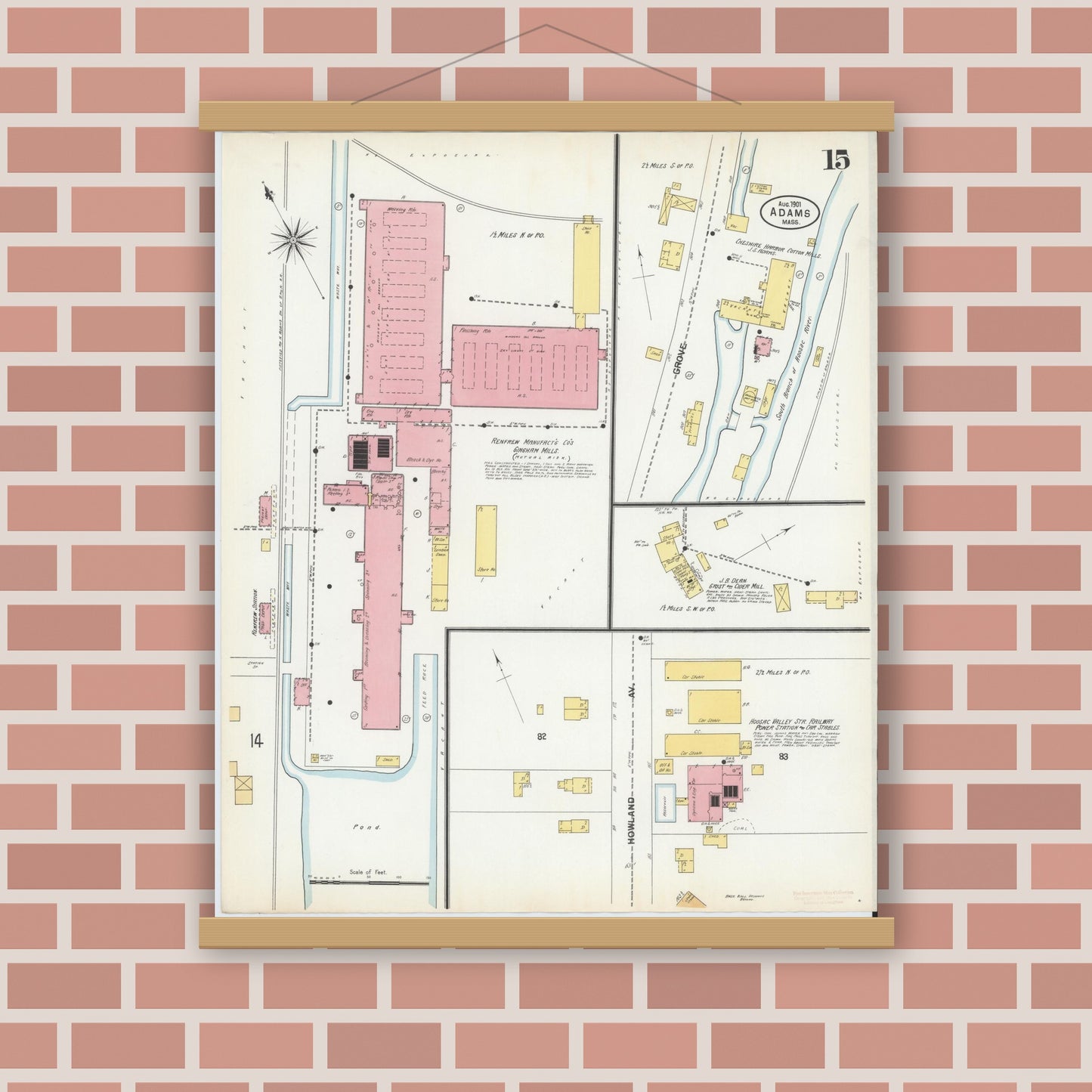 Old map wall art mockup — magnetic wood frame on brick wall — Sanborn Fire Insurance Map from Adams, Berkshire County, Massachusetts (1901), Sheet #0015