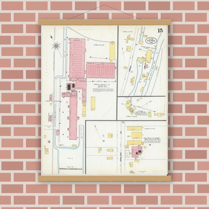Old map wall art mockup — magnetic wood frame on brick wall — Sanborn Fire Insurance Map from Adams, Berkshire County, Massachusetts (1901), Sheet #0015