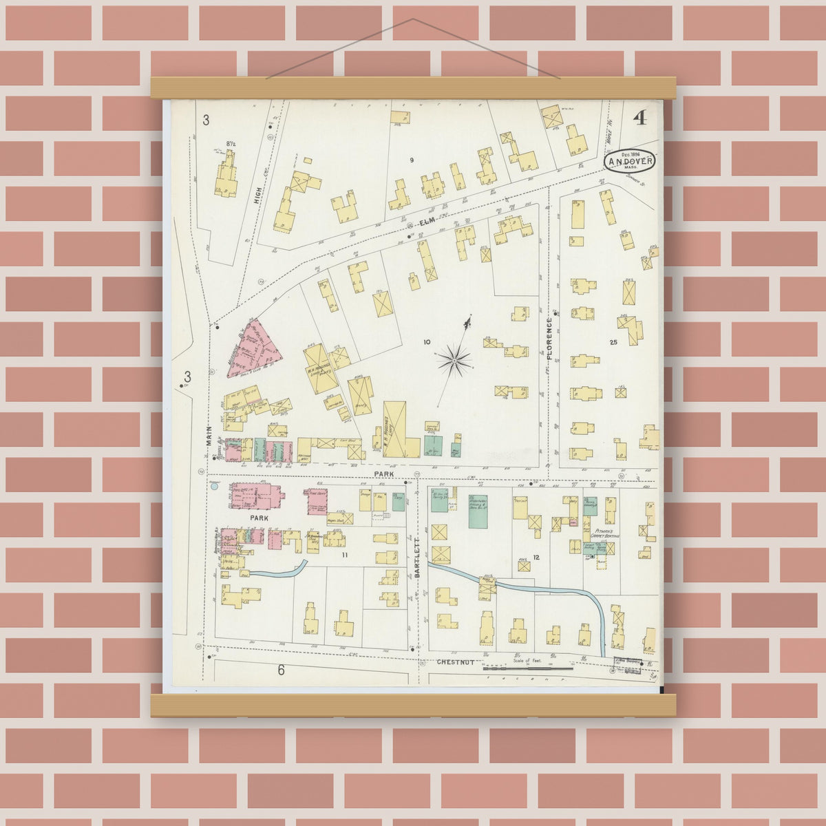 Old map wall art mockup — magnetic wood frame on brick wall — Sanborn Fire Insurance Map from Andover, Essex County, Massachusetts (1896), Sheet #0004