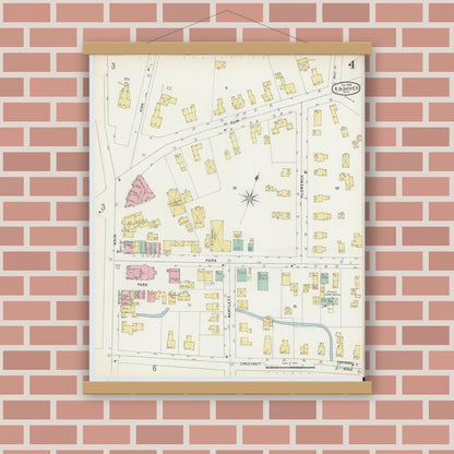 Old map wall art mockup — magnetic wood frame on brick wall — Sanborn Fire Insurance Map from Andover, Essex County, Massachusetts (1896), Sheet #0004