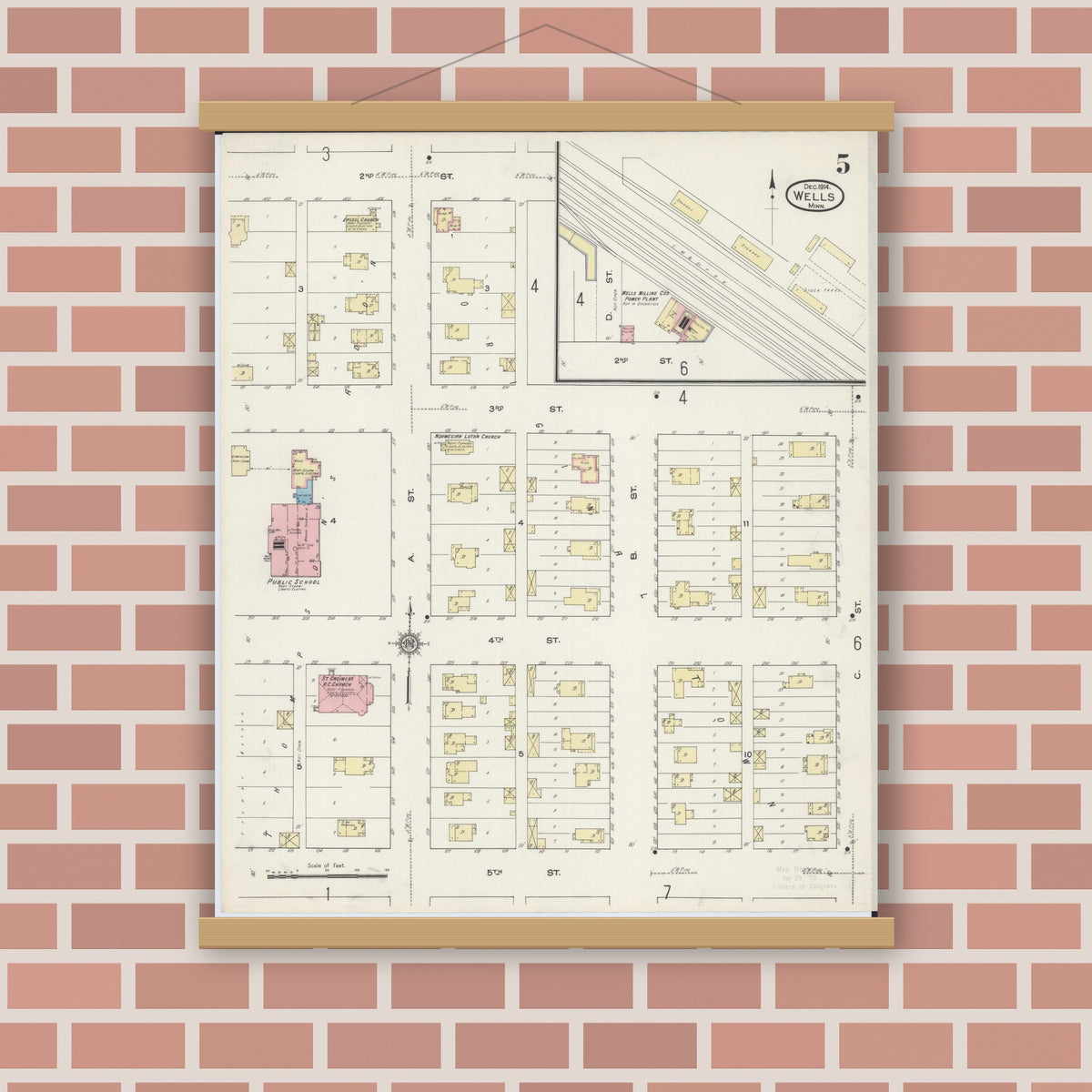 Old map wall art mockup — magnetic wood frame on brick wall — Sanborn Fire Insurance Map from Wells, Faribault County, Minnesota (1914), Sheet #0005