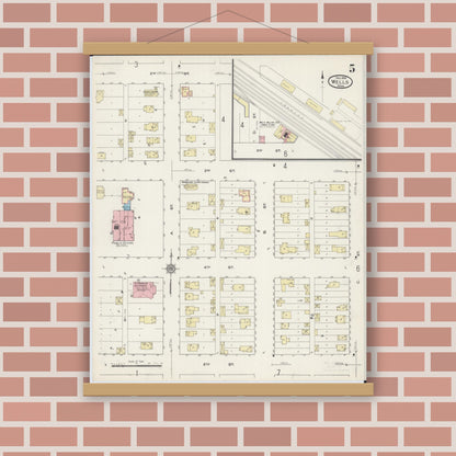 Old map wall art mockup — magnetic wood frame on brick wall — Sanborn Fire Insurance Map from Wells, Faribault County, Minnesota (1914), Sheet #0005