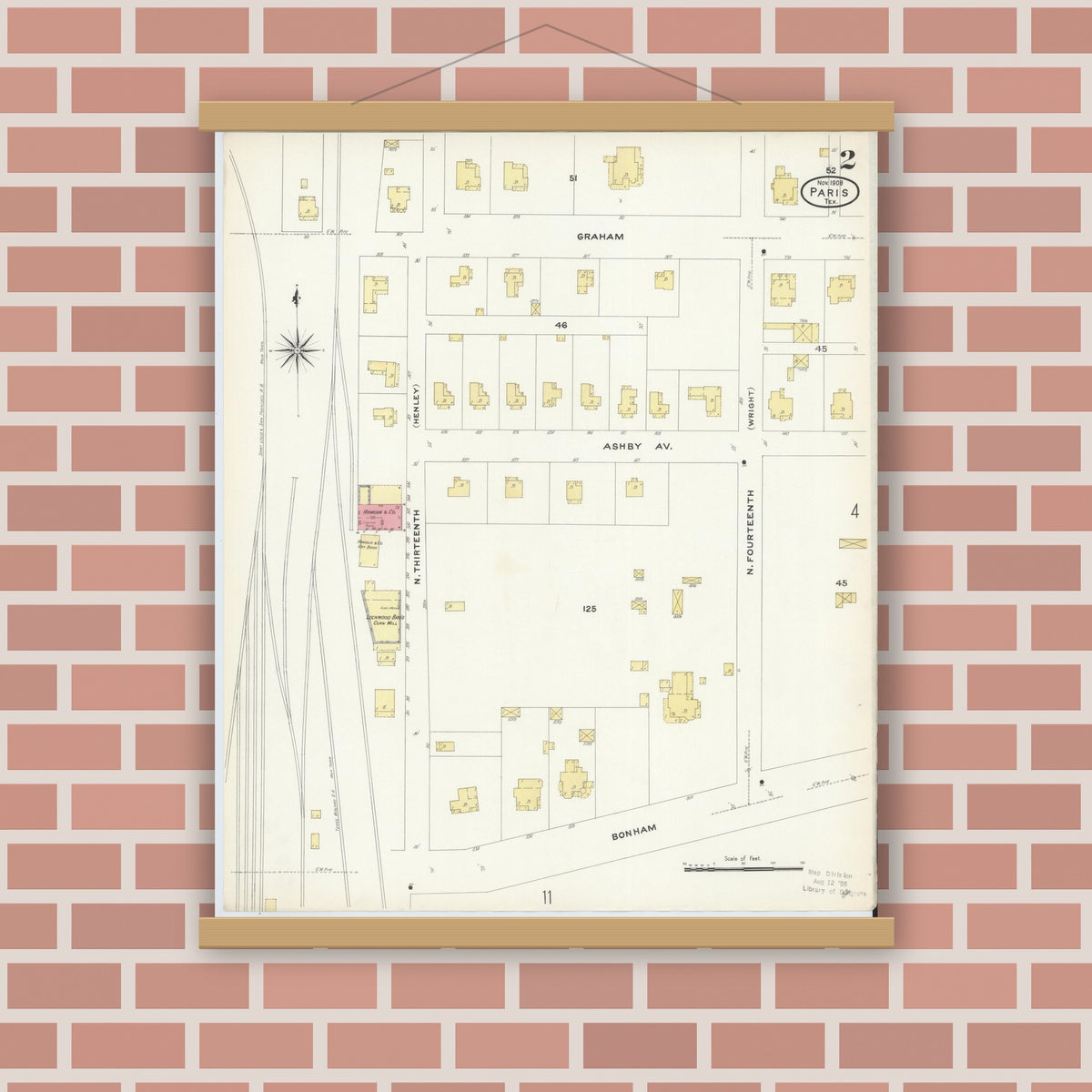 Old map wall art mockup — magnetic wood frame on brick wall — Sanborn Fire Insurance Map from Paris, Lamar County, Texas (1908), Sheet #0002
