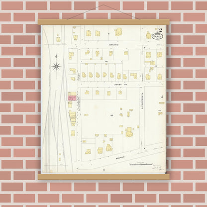 Old map wall art mockup — magnetic wood frame on brick wall — Sanborn Fire Insurance Map from Paris, Lamar County, Texas (1908), Sheet #0002