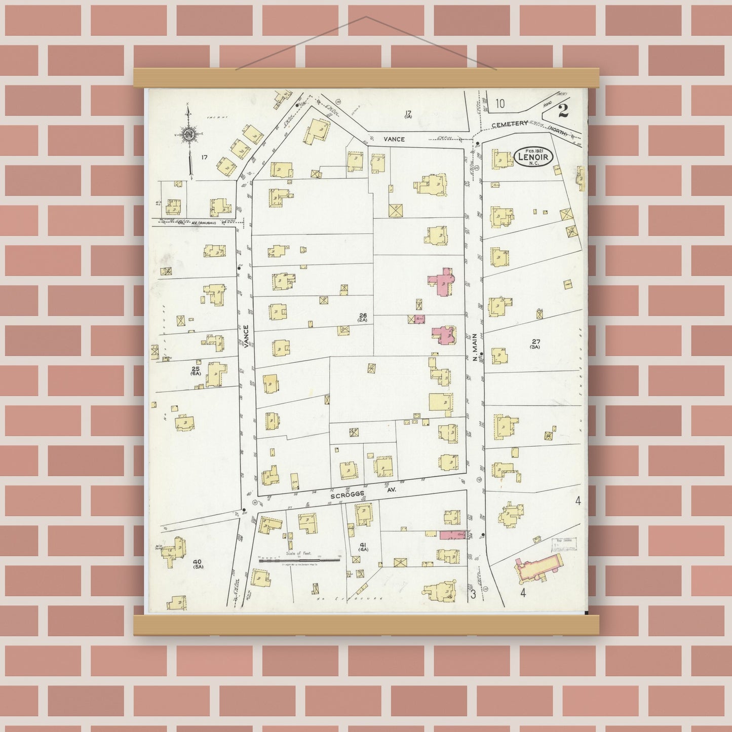 Old map wall art mockup — magnetic wood frame on brick wall — Sanborn Fire Insurance Map from Lenoir, Caldwell County, North Carolina (1921), Sheet #0002