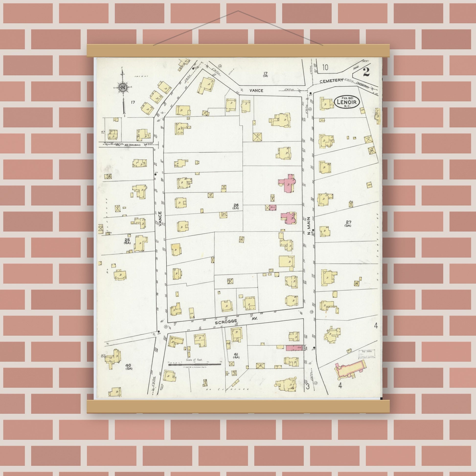 Old map wall art mockup — magnetic wood frame on brick wall — Sanborn Fire Insurance Map from Lenoir, Caldwell County, North Carolina (1921), Sheet #0002