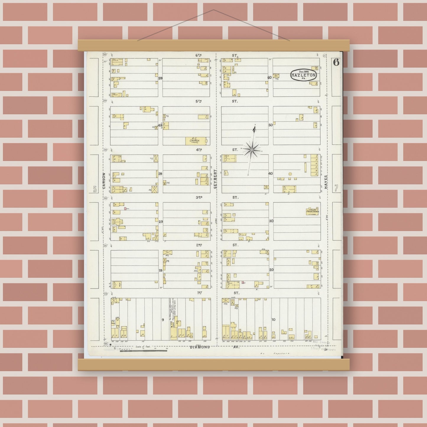 Old map wall art mockup — magnetic wood frame on brick wall — Sanborn Fire Insurance Map from Hazleton, Luzerne County, Pennsylvania (1895), Sheet #0006