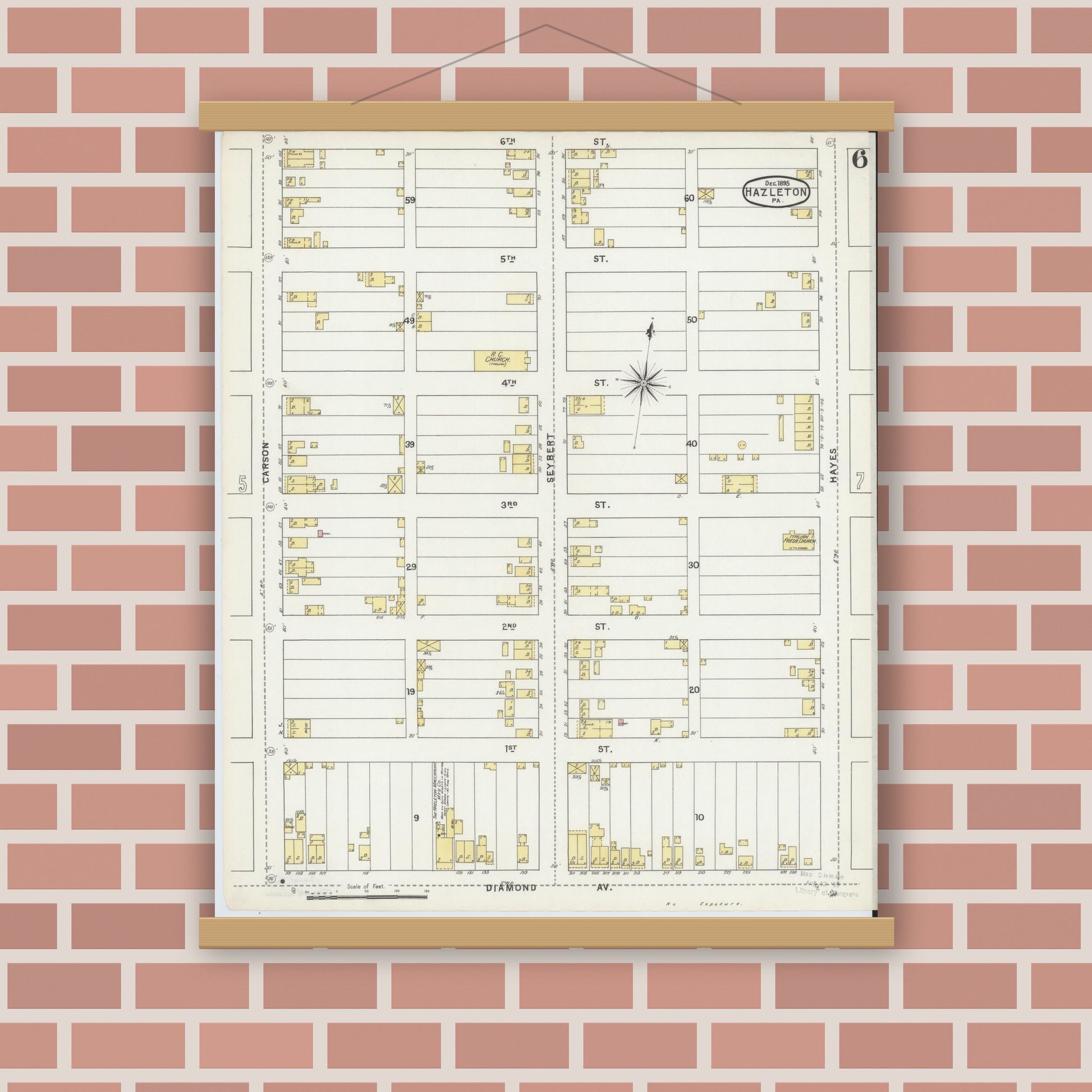 Old map wall art mockup — magnetic wood frame on brick wall — Sanborn Fire Insurance Map from Hazleton, Luzerne County, Pennsylvania (1895), Sheet #0006