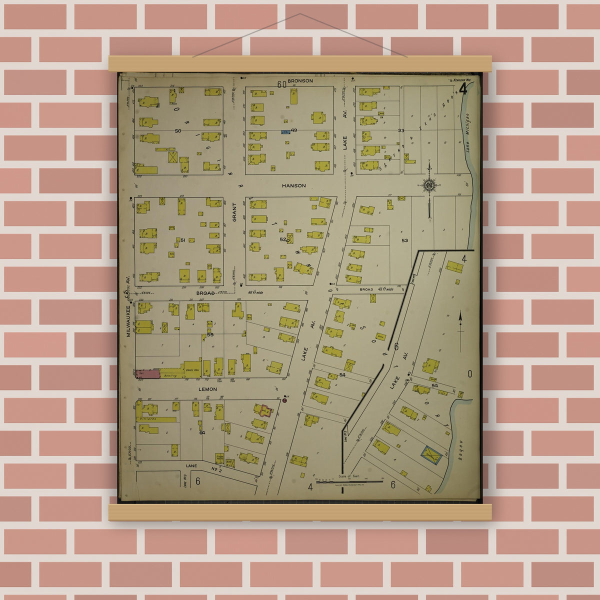 Old map wall art mockup — magnetic wood frame on brick wall — Sanborn Fire Insurance Map from Kenosha, Kenosha County, Wisconsin. (1918), Sheet 8