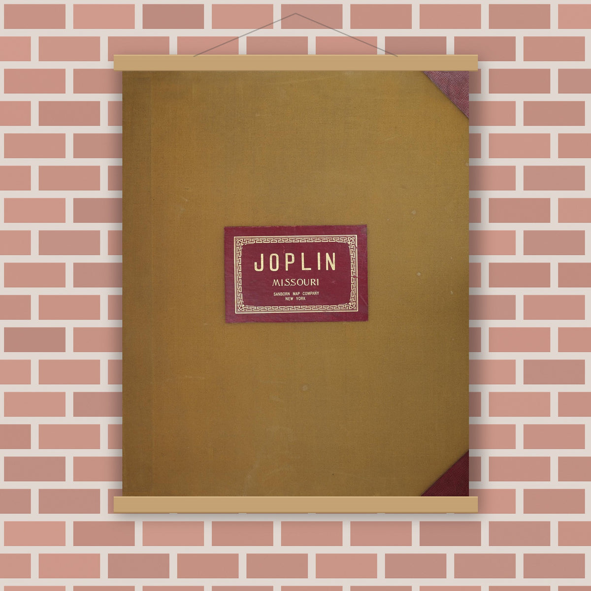 Old map wall art mockup — magnetic wood frame on brick wall — Sanborn Fire Insurance Map from Joplin, Jasper County, Missouri (1950), Sheet #0001