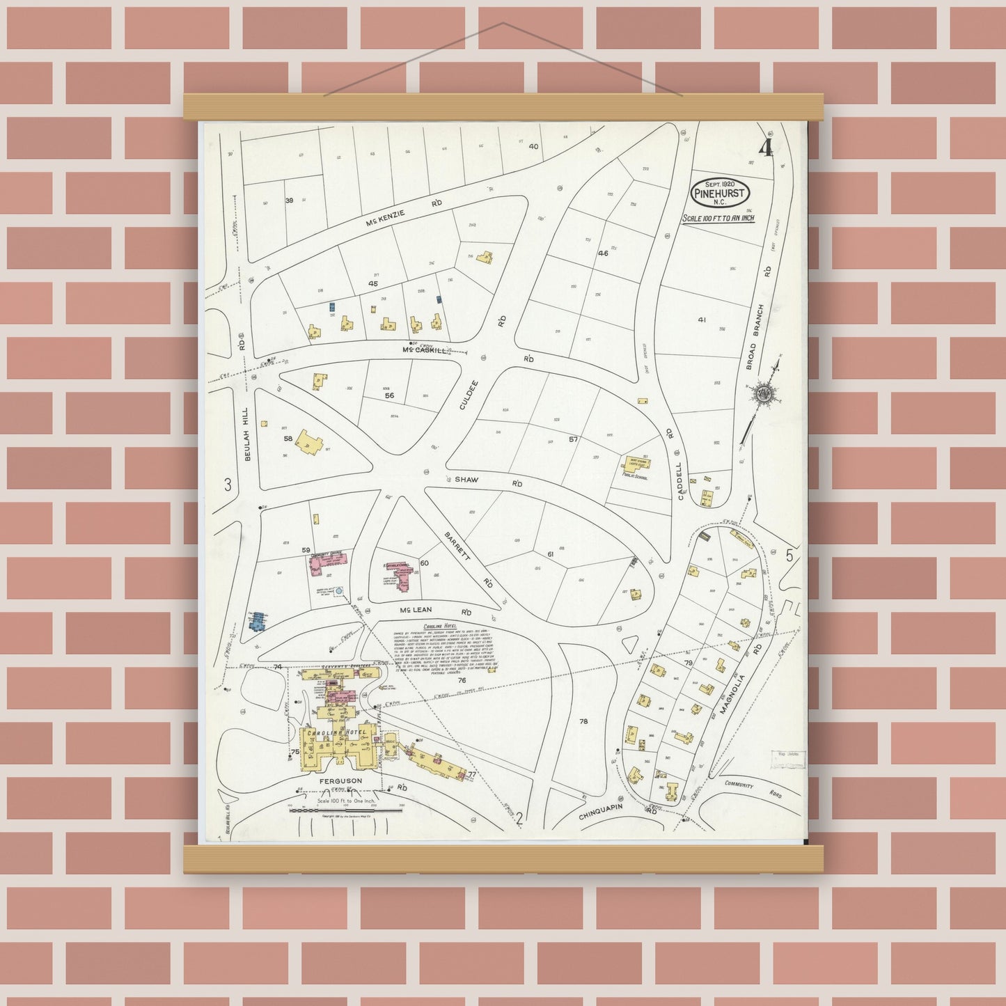 Old map wall art mockup — magnetic wood frame on brick wall — Sanborn Fire Insurance Map from Pinehurst, Moore County, North Carolina (1920), Sheet #0004