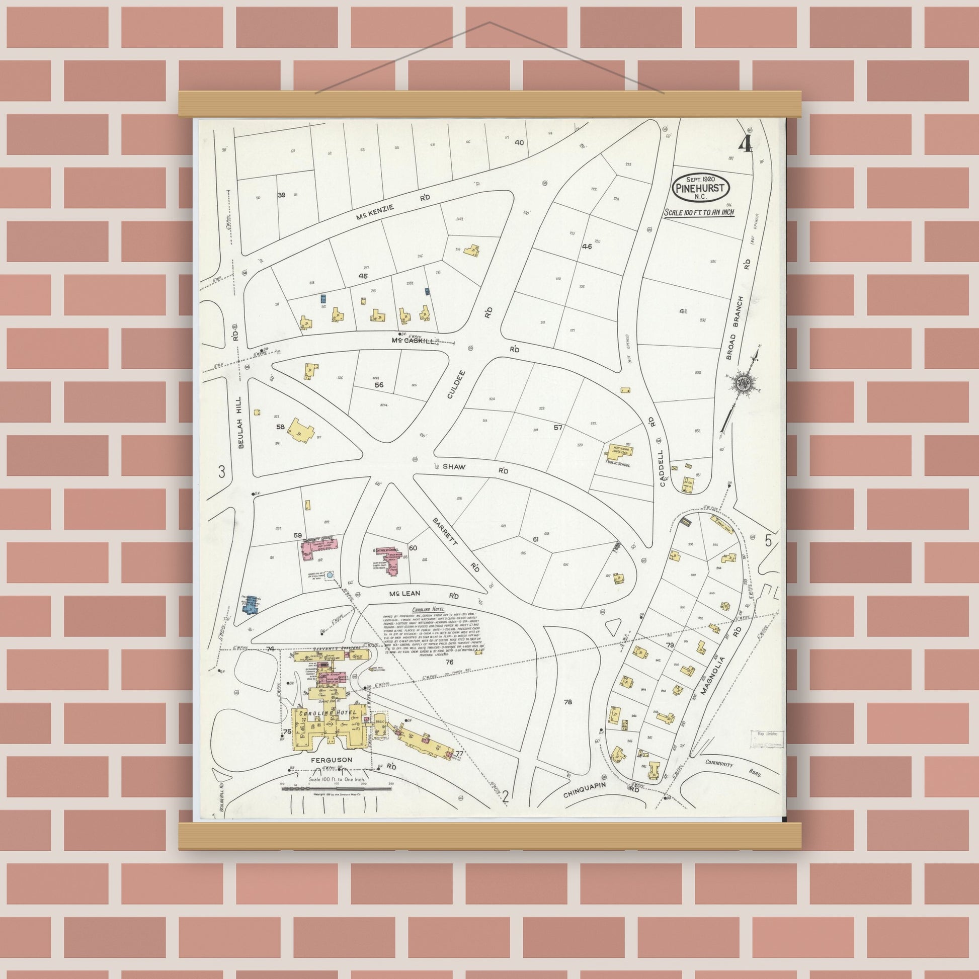 Old map wall art mockup — magnetic wood frame on brick wall — Sanborn Fire Insurance Map from Pinehurst, Moore County, North Carolina (1920), Sheet #0004
