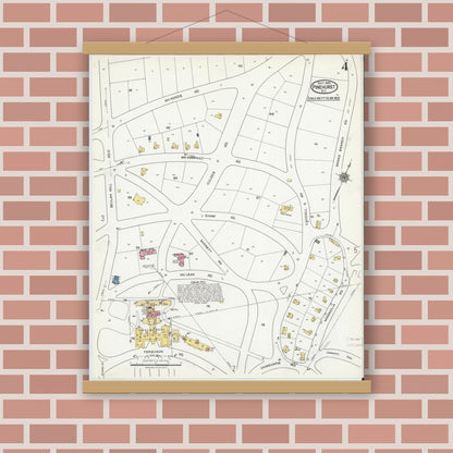Old map wall art mockup — magnetic wood frame on brick wall — Sanborn Fire Insurance Map from Pinehurst, Moore County, North Carolina (1920), Sheet #0004