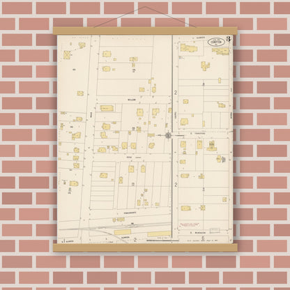 Old map wall art mockup — magnetic wood frame on brick wall — Sanborn Fire Insurance Map from Compton, Los Angeles County, California (1916), Sheet #0003