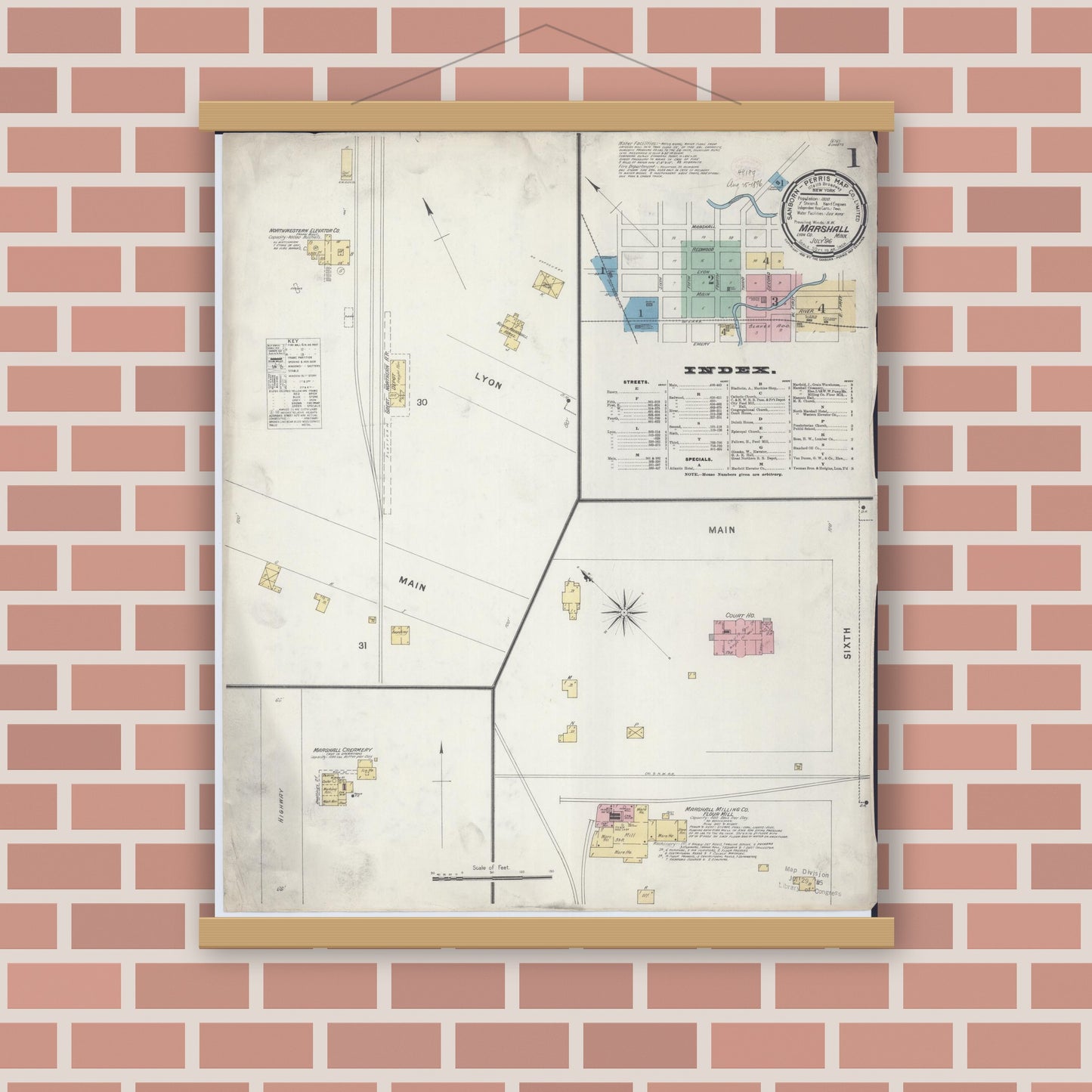 Old map wall art mockup — magnetic wood frame on brick wall — Sanborn Fire Insurance Map from Marshall, Lyon County, Minnesota (1896), Sheet #0001