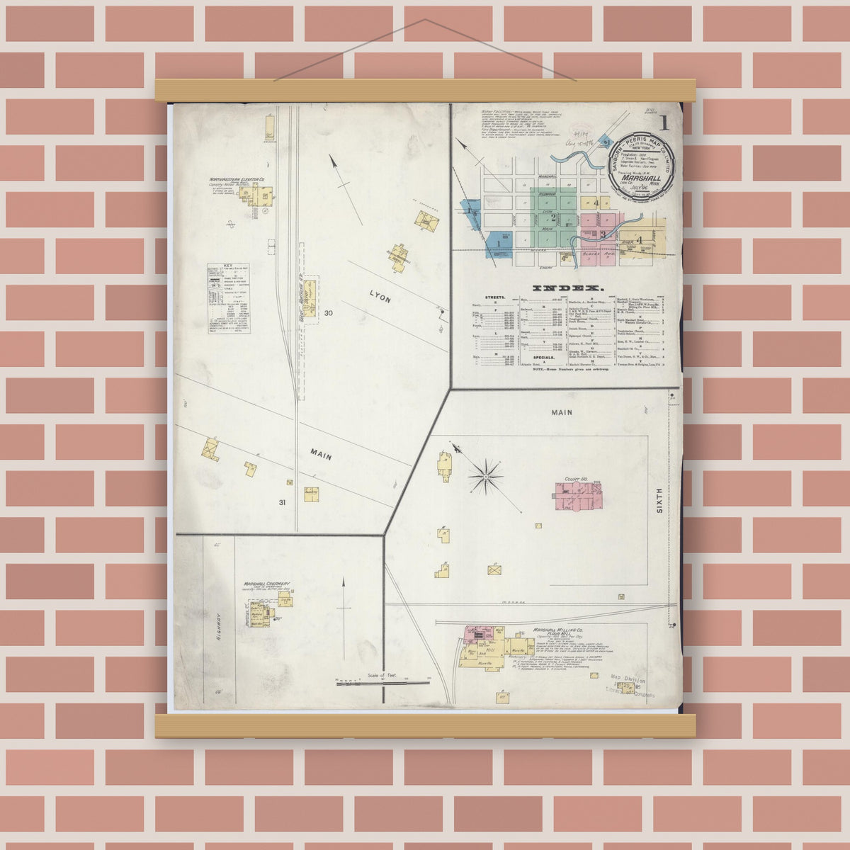 Old map wall art mockup — magnetic wood frame on brick wall — Sanborn Fire Insurance Map from Marshall, Lyon County, Minnesota (1896), Sheet #0001