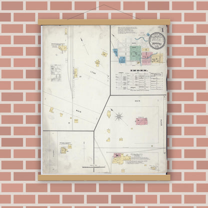 Old map wall art mockup — magnetic wood frame on brick wall — Sanborn Fire Insurance Map from Marshall, Lyon County, Minnesota (1896), Sheet #0001