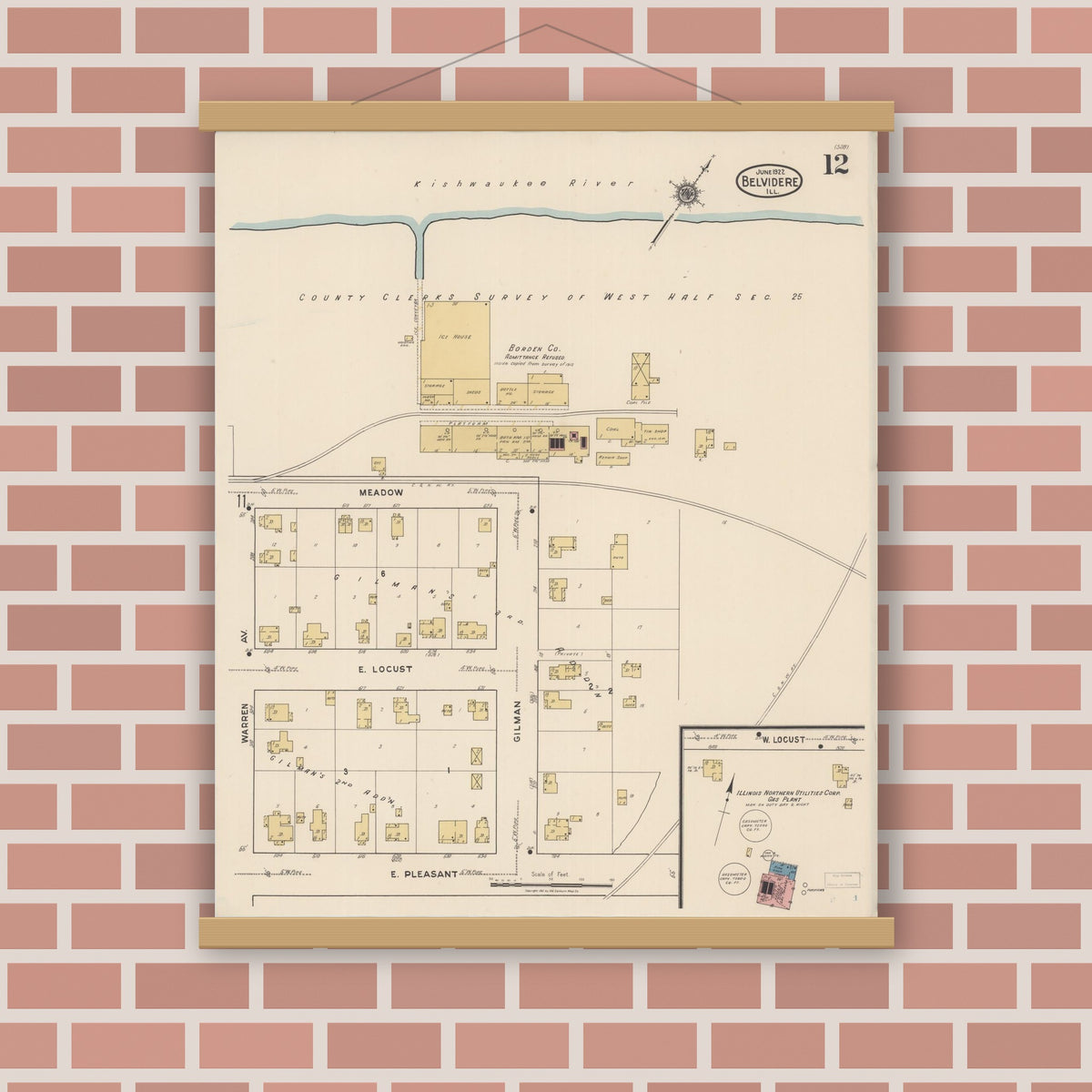 Old map wall art mockup — magnetic wood frame on brick wall — Sanborn Fire Insurance Map from Belvidere, Boone County, Illinois (1922), Sheet #0012