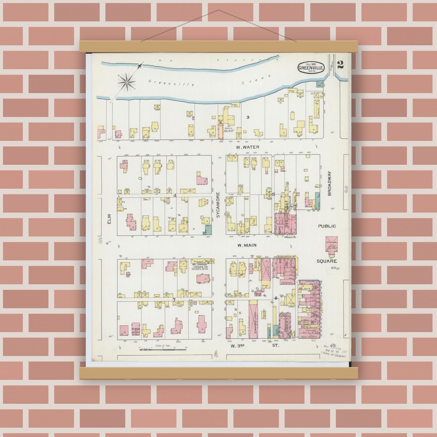 Old map wall art mockup — magnetic wood frame on brick wall — Sanborn Fire Insurance Map from Greenville, Darke County, Ohio (1892), Sheet #0002