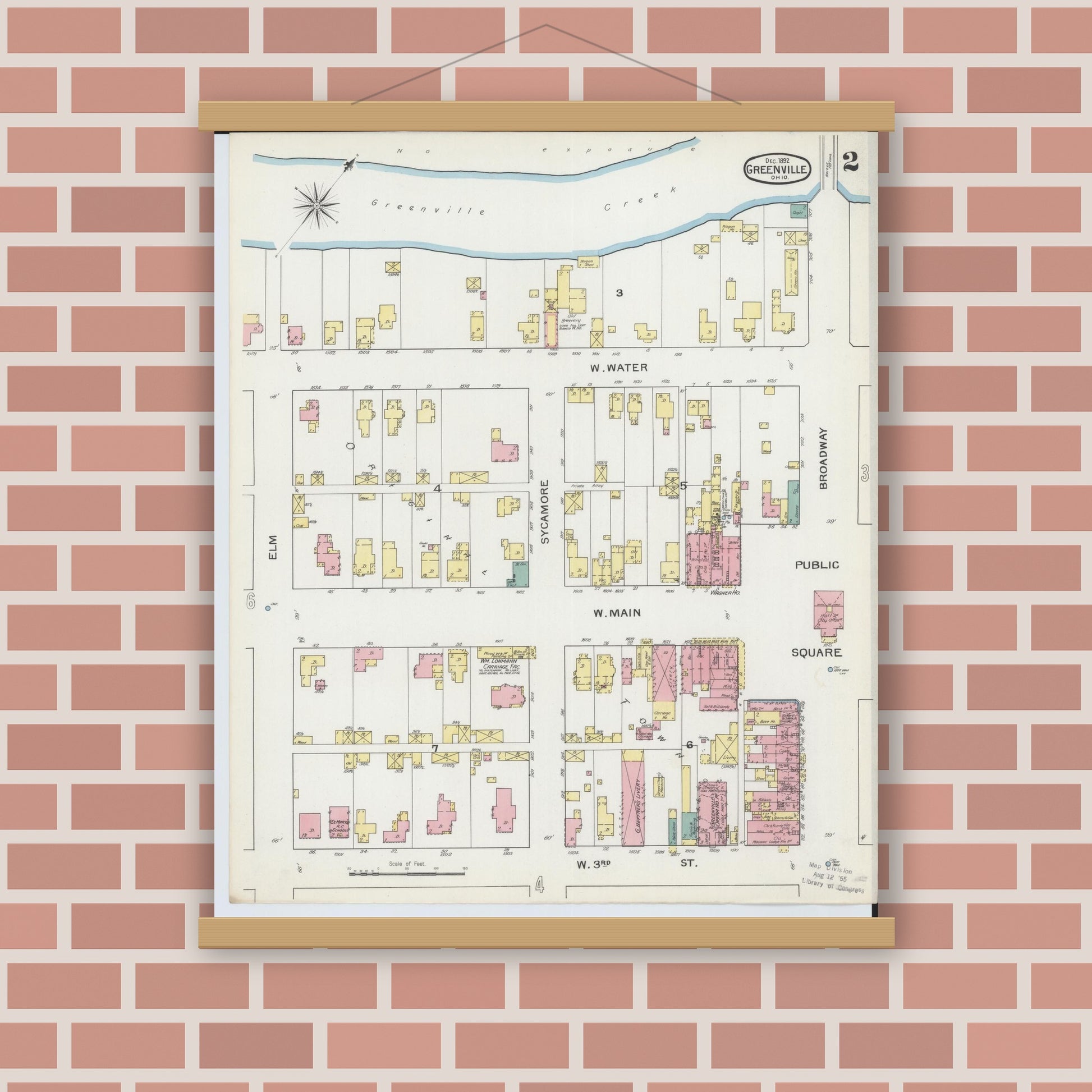 Old map wall art mockup — magnetic wood frame on brick wall — Sanborn Fire Insurance Map from Greenville, Darke County, Ohio (1892), Sheet #0002
