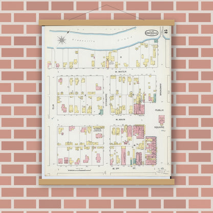 Old map wall art mockup — magnetic wood frame on brick wall — Sanborn Fire Insurance Map from Greenville, Darke County, Ohio (1892), Sheet #0002
