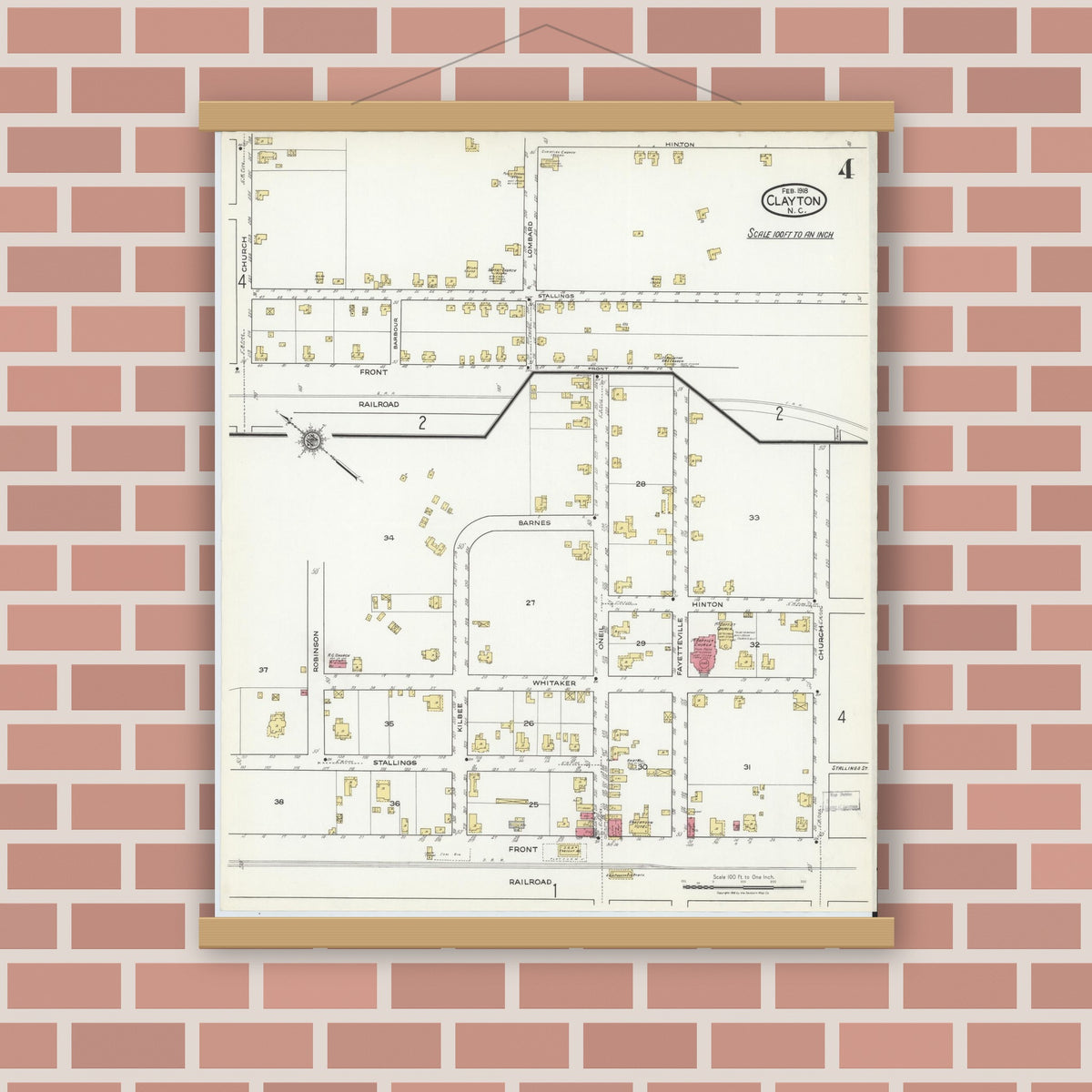 Old map wall art mockup — magnetic wood frame on brick wall — Sanborn Fire Insurance Map from Clayton, Johnston County, North Carolina (1918), Sheet #0004