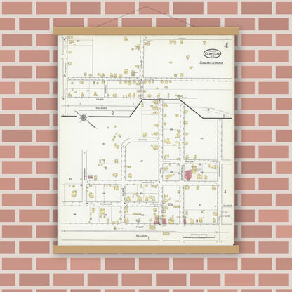 Old map wall art mockup — magnetic wood frame on brick wall — Sanborn Fire Insurance Map from Clayton, Johnston County, North Carolina (1918), Sheet #0004