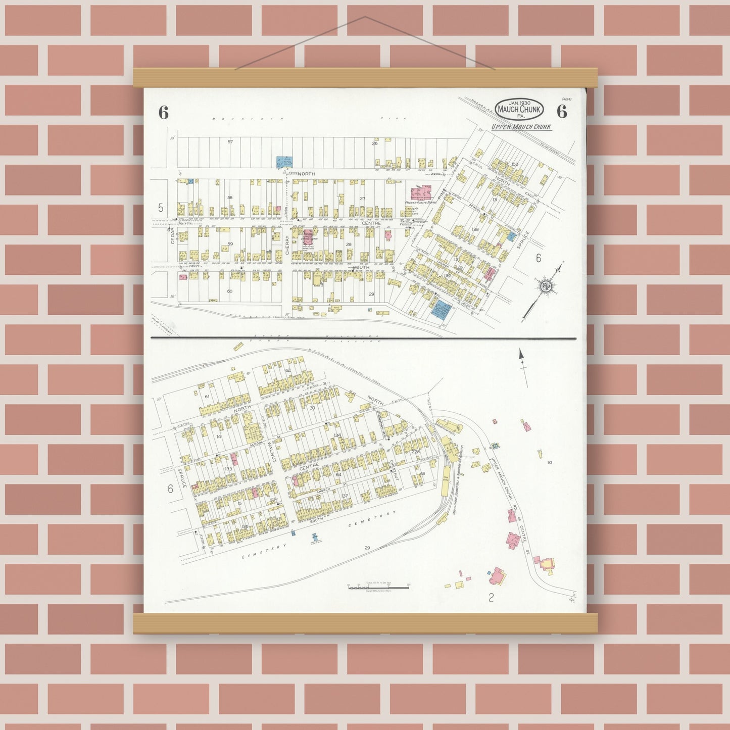 Old map wall art mockup — magnetic wood frame on brick wall — Sanborn Fire Insurance Map from Mauch Chunk, Carbon County, Pennsylvania (1930), Sheet #0006