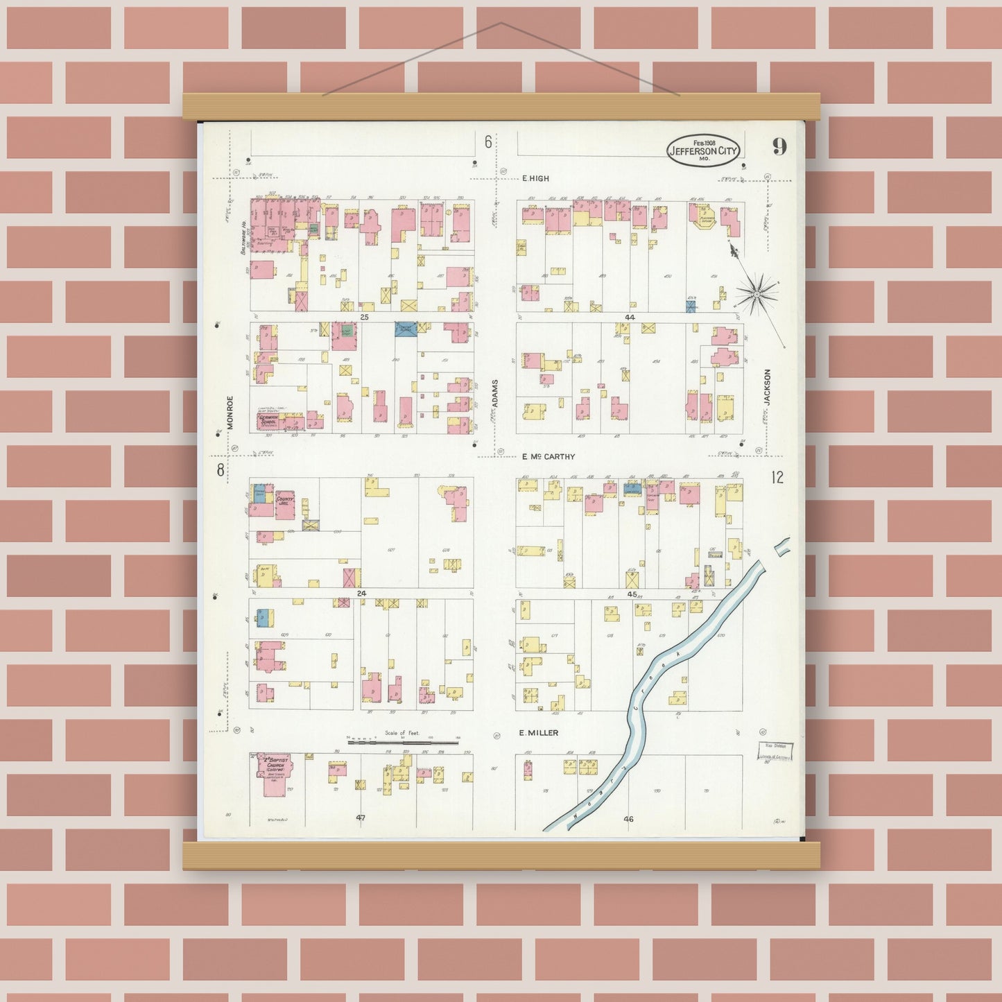 Old map wall art mockup — magnetic wood frame on brick wall — Sanborn Fire Insurance Map from Jefferson City, Cole County, Missouri (1908), Sheet #0009