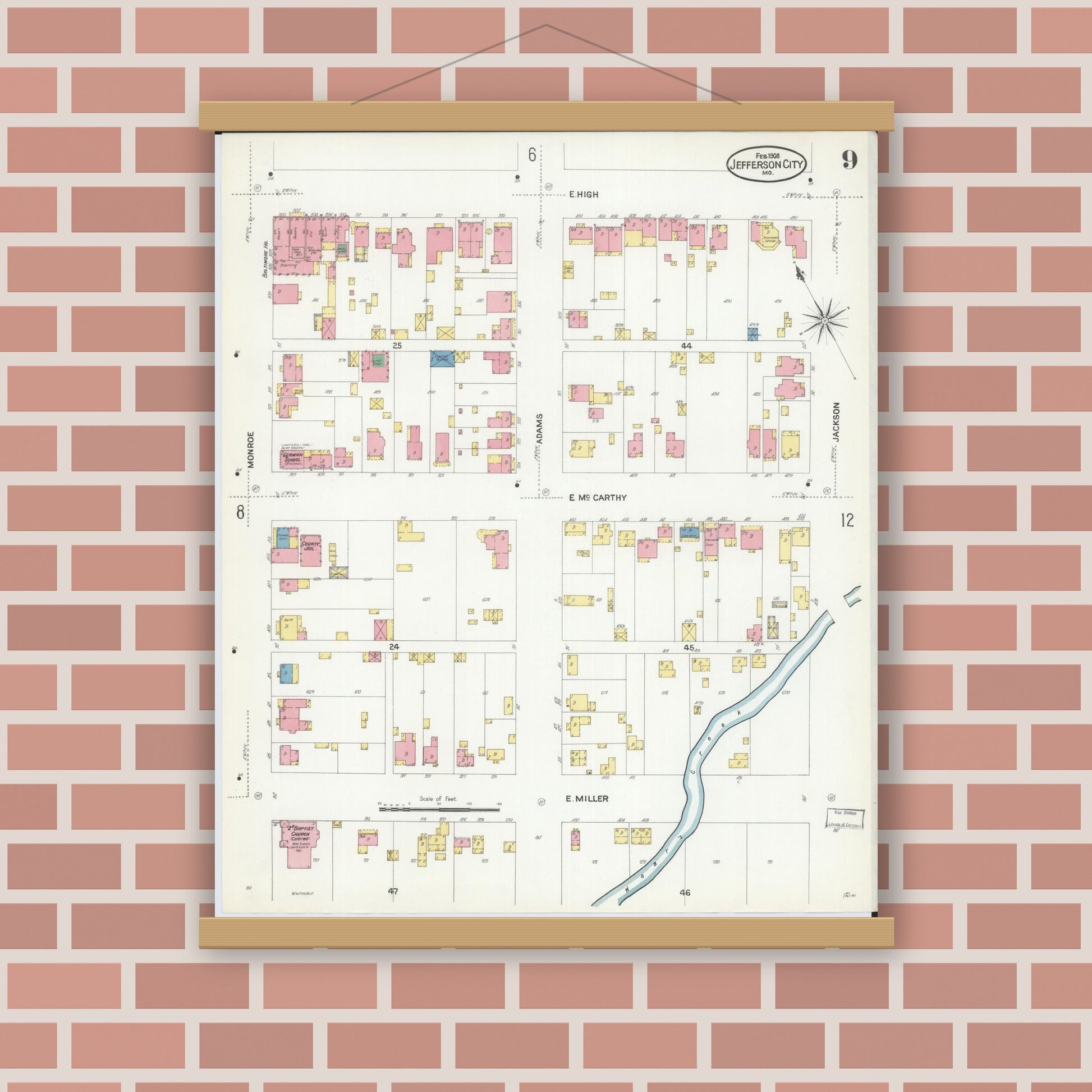Old map wall art mockup — magnetic wood frame on brick wall — Sanborn Fire Insurance Map from Jefferson City, Cole County, Missouri (1908), Sheet #0009