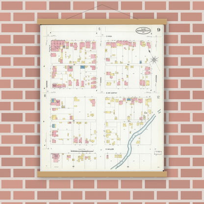 Old map wall art mockup — magnetic wood frame on brick wall — Sanborn Fire Insurance Map from Jefferson City, Cole County, Missouri (1908), Sheet #0009