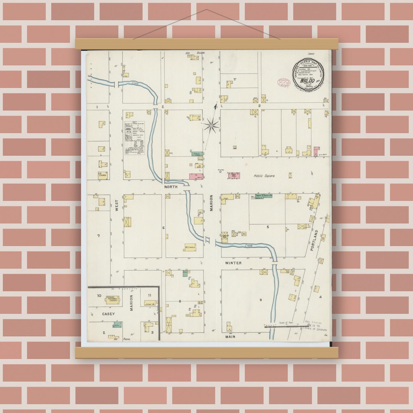 Old map wall art mockup — magnetic wood frame on brick wall — Sanborn Fire Insurance Map from Waldo, Marion County, Ohio (1895), Sheet #0001