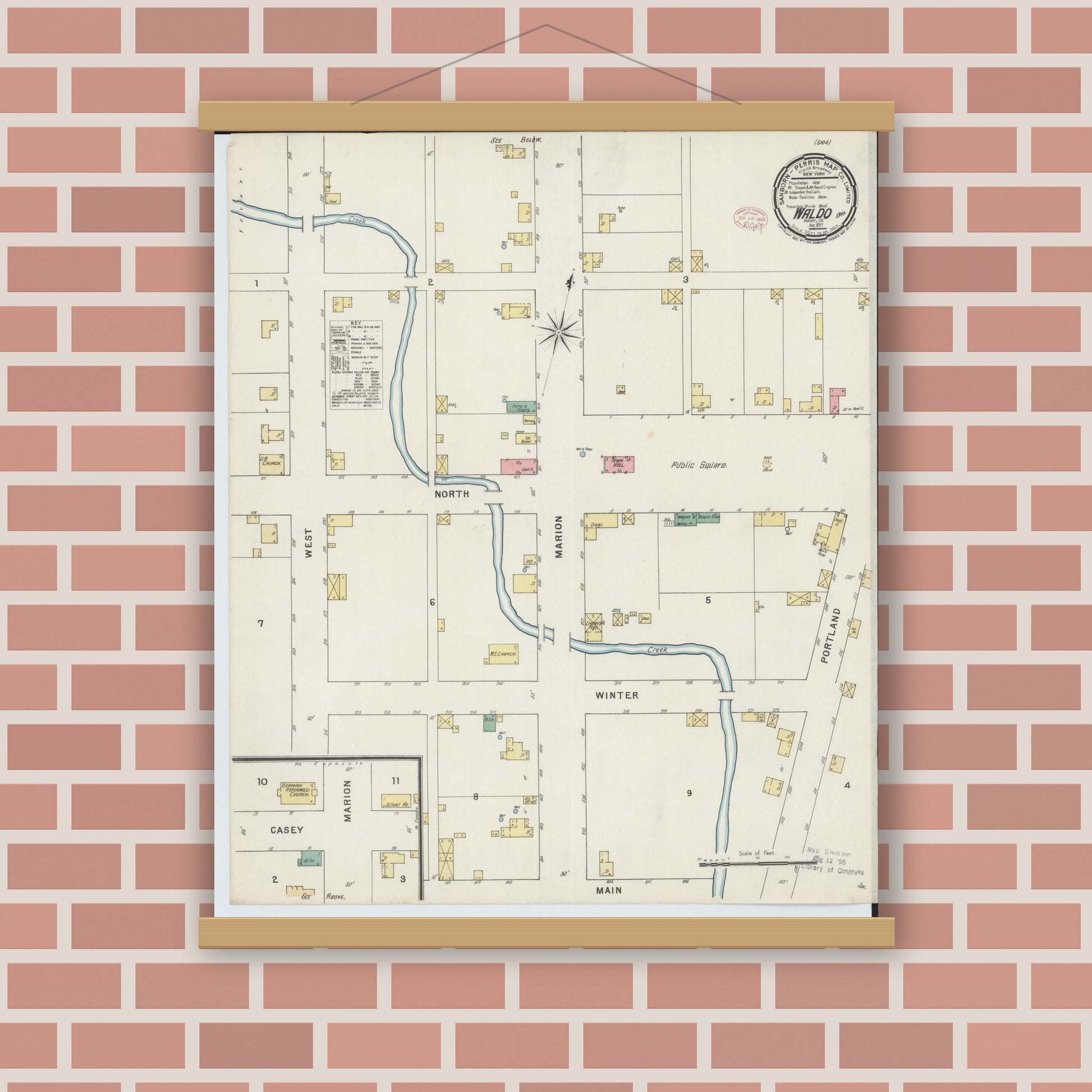 Old map wall art mockup — magnetic wood frame on brick wall — Sanborn Fire Insurance Map from Waldo, Marion County, Ohio (1895), Sheet #0001