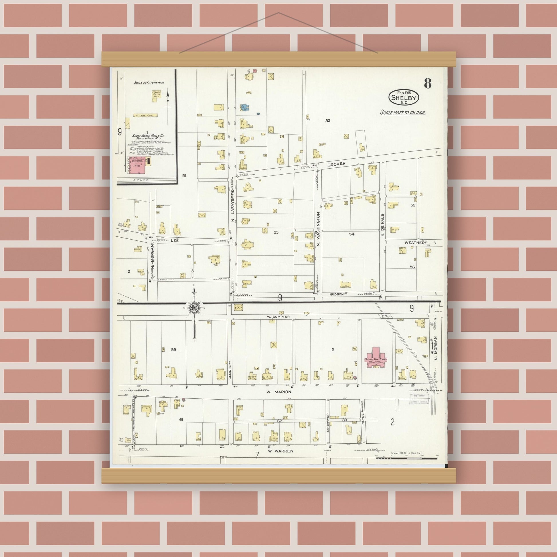 Old map wall art mockup — magnetic wood frame on brick wall — Sanborn Fire Insurance Map from Shelby, Cleveland County, North Carolina (1916), Sheet #0008