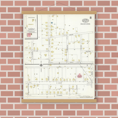 Old map wall art mockup — magnetic wood frame on brick wall — Sanborn Fire Insurance Map from Shelby, Cleveland County, North Carolina (1916), Sheet #0008
