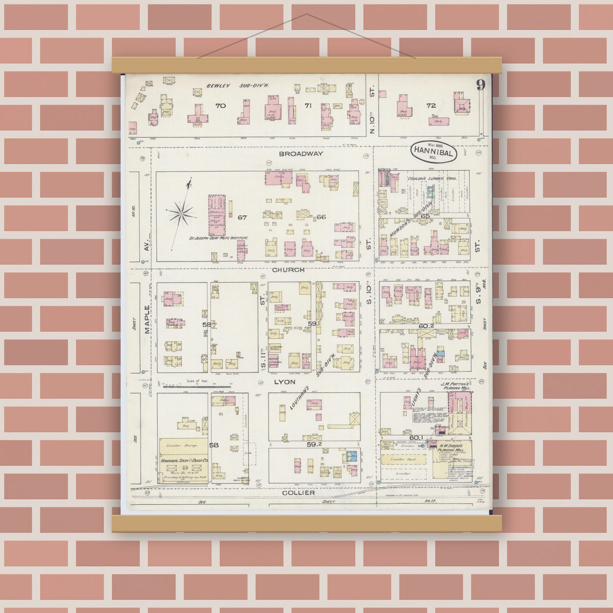 Old map wall art mockup — magnetic wood frame on brick wall — Sanborn Fire Insurance Map from Hannibal, Marion County, Missouri (1885), Sheet #0009