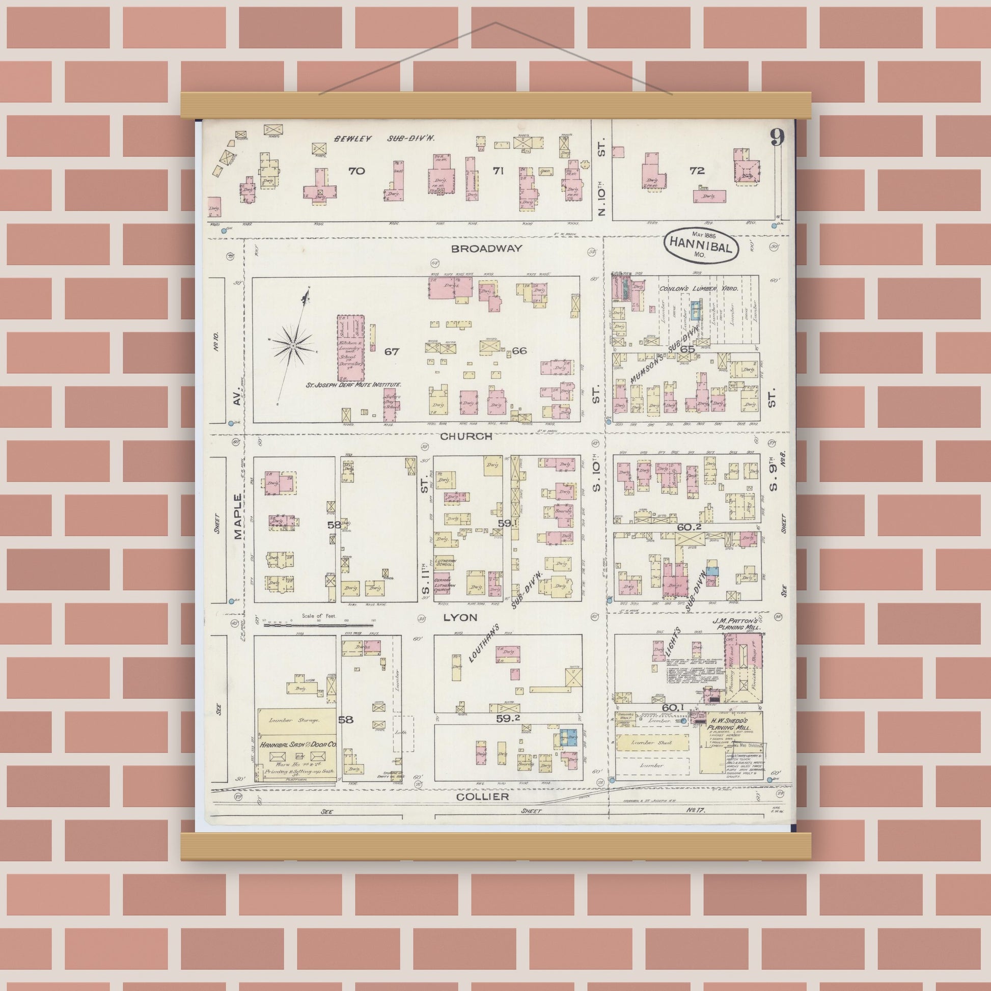 Old map wall art mockup — magnetic wood frame on brick wall — Sanborn Fire Insurance Map from Hannibal, Marion County, Missouri (1885), Sheet #0009
