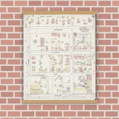 Old map wall art mockup — magnetic wood frame on brick wall — Sanborn Fire Insurance Map from Hannibal, Marion County, Missouri (1885), Sheet #0009