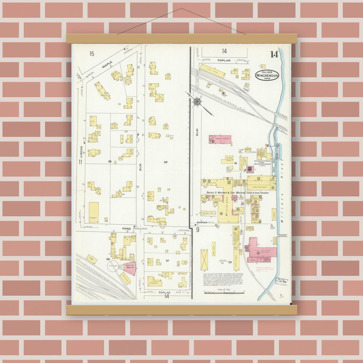 Old map wall art mockup — magnetic wood frame on brick wall — Sanborn Fire Insurance Map from Winchendon, Worcester County, Massachusetts (1909), Sheet #0014