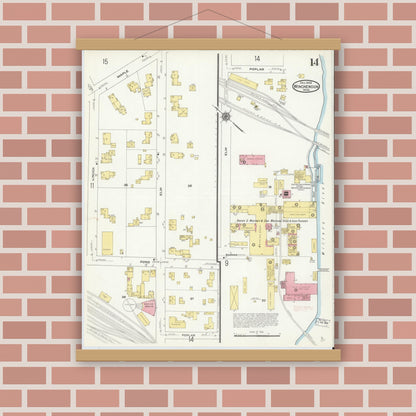 Old map wall art mockup — magnetic wood frame on brick wall — Sanborn Fire Insurance Map from Winchendon, Worcester County, Massachusetts (1909), Sheet #0014