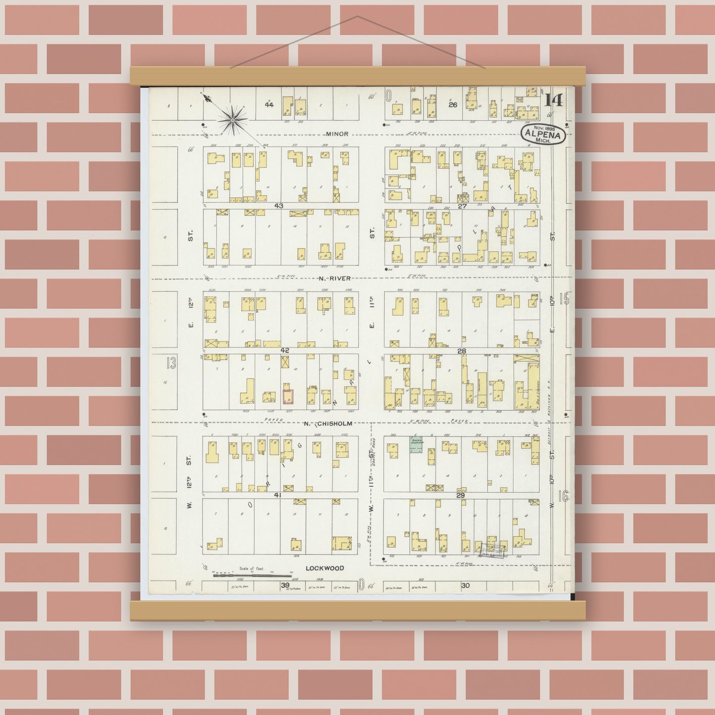 Old map wall art mockup — magnetic wood frame on brick wall — Sanborn Fire Insurance Map from Alpena, Alpena County, Michigan (1895), Sheet #0014