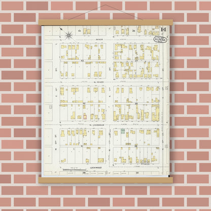 Old map wall art mockup — magnetic wood frame on brick wall — Sanborn Fire Insurance Map from Alpena, Alpena County, Michigan (1895), Sheet #0014