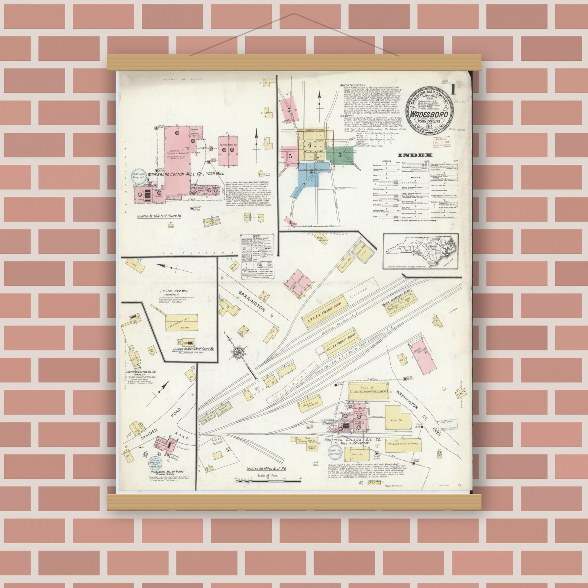 Old map wall art mockup — magnetic wood frame on brick wall — Sanborn Fire Insurance Map from Wadesboro, Anson County, North Carolina (1914) - Complete Map Set