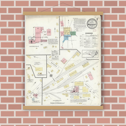 Old map wall art mockup — magnetic wood frame on brick wall — Sanborn Fire Insurance Map from Wadesboro, Anson County, North Carolina (1914) - Complete Map Set