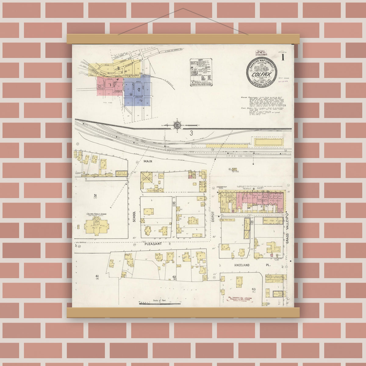 Old map wall art mockup — magnetic wood frame on brick wall — Sanborn Fire Insurance Map from Colfax, Placer County, California (1910), Sheet #0001
