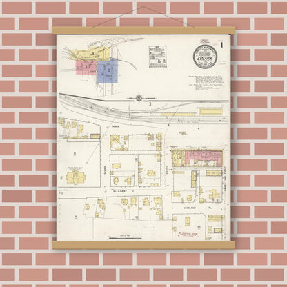 Old map wall art mockup — magnetic wood frame on brick wall — Sanborn Fire Insurance Map from Colfax, Placer County, California (1910), Sheet #0001