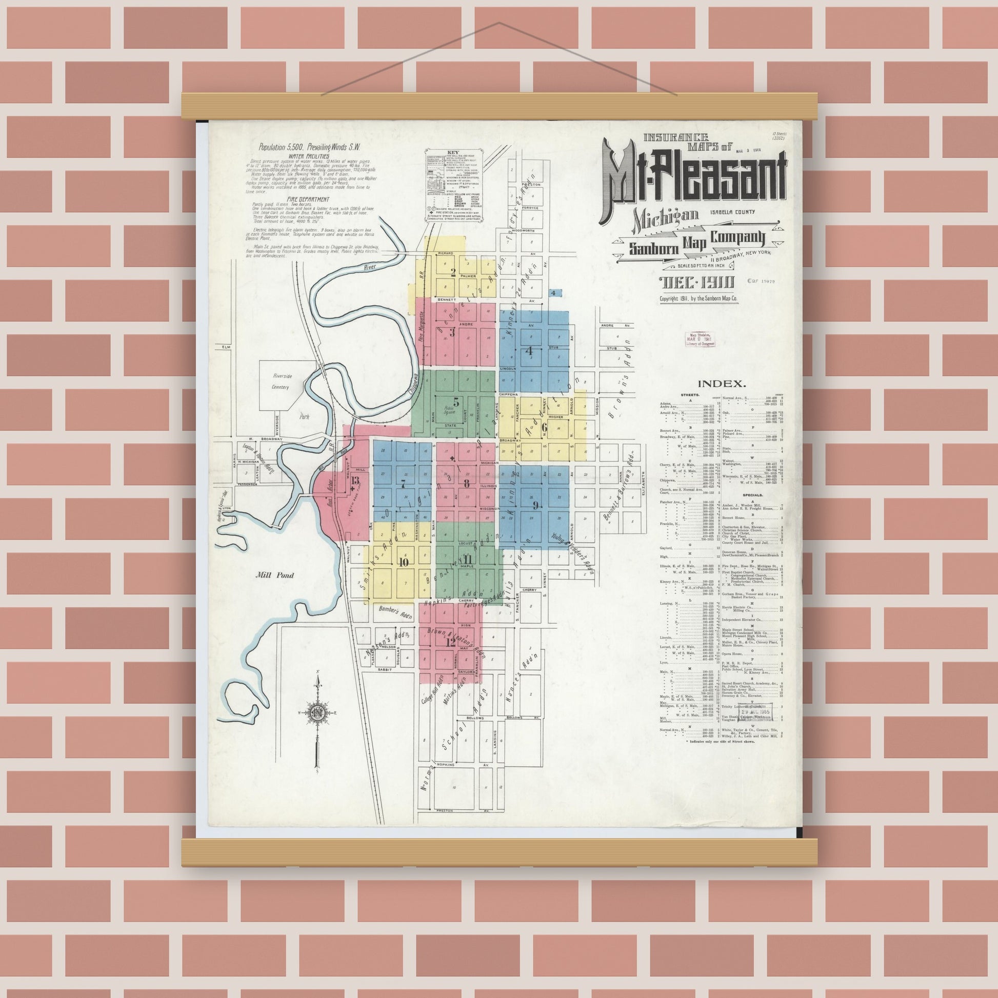 Old map wall art mockup — magnetic wood frame on brick wall — Sanborn Fire Insurance Map from Mount Pleasant, Isabella County, Michigan (1910) - Complete Map Set
