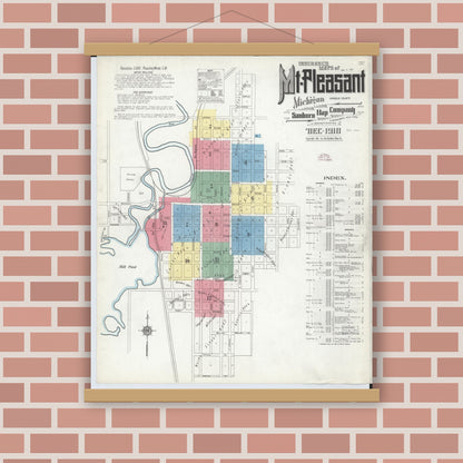 Old map wall art mockup — magnetic wood frame on brick wall — Sanborn Fire Insurance Map from Mount Pleasant, Isabella County, Michigan (1910) - Complete Map Set